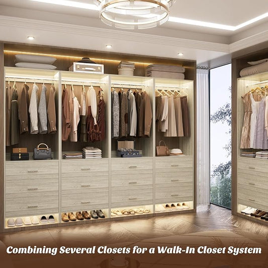 Aheaplus 2FT Closet System with 3 Drawers, 24’’ Closets Organizer, Wood Closet Organizer System, Walk-in Closets or Small Wardrobe, Clothes Rack with Hanging Rods, White Oak