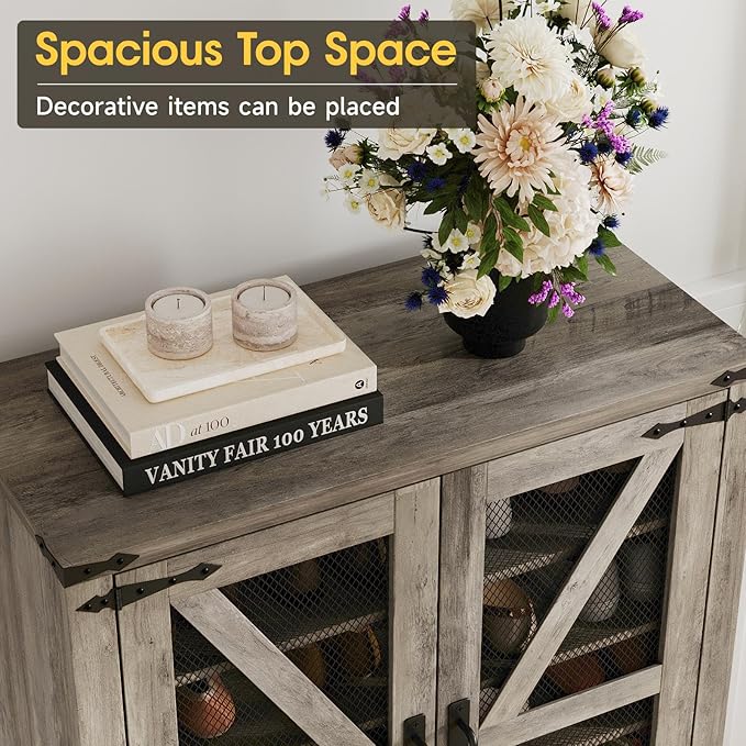 Maupvit 42.1" Farmhouse Shoe Cabinet with Ventilated Mesh Doors, 6-Tier Shoe Storage Cabinet with Adjustable Shelves & Metal Legs, Rustic Wooden Shoe Rack Organizer for Entryway, Hallway, Foyer, Grey