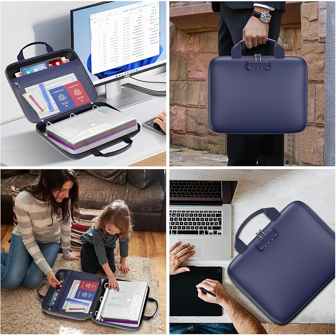 Binder Folders Organizer with 20 Pack Heavyweight Plastic Pockets,Fireproof File Folder Box with Lock,Zipper Binder Bag for Important Documents,Letter Size,Blue