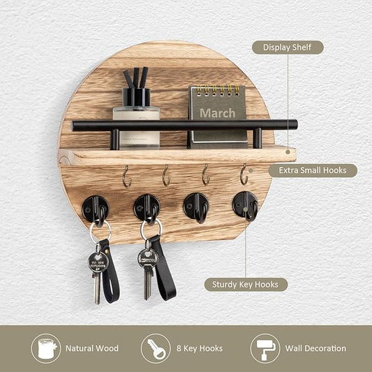 Nekon Key Holder for Wall - 9.8 Inch Apartment Wall Decor with Shelf and 8 Key Hooks, Circular Wood Key Hanger for Home Decor (Wood)
