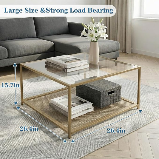 Gold Glass Coffee Table, Square Coffee Tables with Storage Shelf, Simple Tea Cocktail Modern Center Tables for Small Space, Living Room, Easy Assembly, 26 * 26in(Gold)