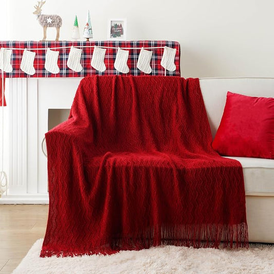 BATTILO HOME Christmas Red Throw Blanket for Couch, Textured Soft Burgundy Throw Blankets, Decorative Knitted Red Blanket for Sofa Bed Living Room, 50"x60"