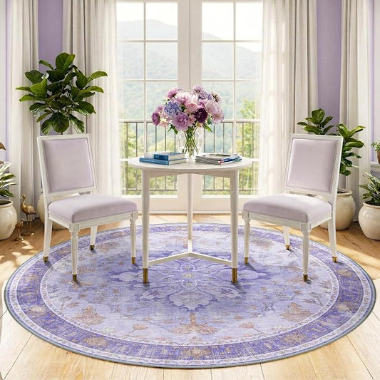RELEANY Area Rugs Round 5ft Washable Non-Slip, Floral Vintage Distress Medallion Carpet for Living Room Bedroom Dining Room, Light Purple Brown