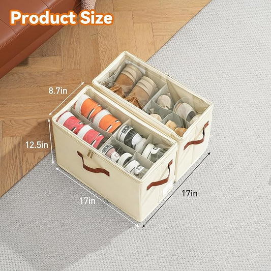 4 Pack Shoe Organizer for Closet, Space Saving, Beige | Fits 16-32 Pairs, Adjustable Dividers, Clear Cover, Reinforced Handles, Stackable & Foldable Shoe Storage Box