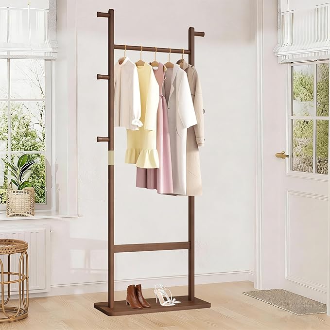 Freestanding Coat Rack with 2 Storage Shelves and 5 Hooks, Heavy Duty Wood Garment Rack for Bedroom, Hallway, Entryway (23.6x11x64 in)