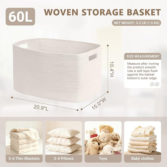 60L Small Baby Girls Laundry Basket for Nursery Storage,Cute Woven cotton Rope Baskets for Kids Toy,Gifts,Boho Square Wicker Blanket hamper for Living Room,Bedroom Dirty Clothes, White