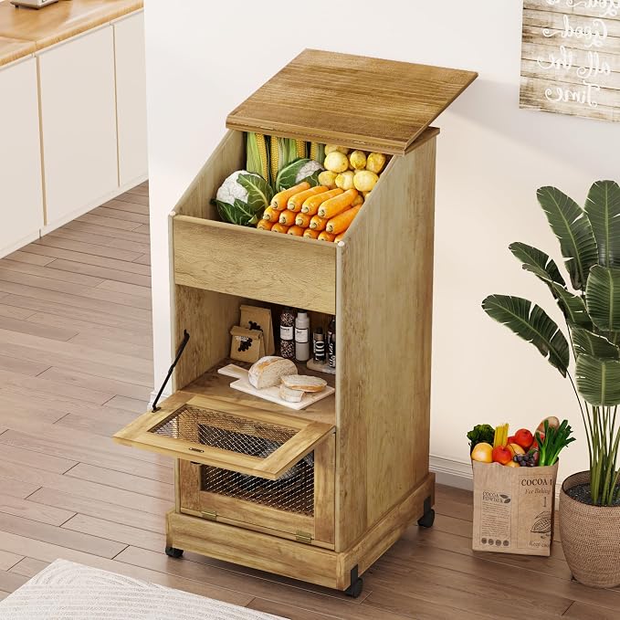Potato and Onion Storage Bin with Wheels, 3 Tier Wooden Potato Storage Cabinets with Mesh Doors, Farmhouse Movable Fruit and Vegetable Box, Wood Bread Box for Kitchen (Brown)