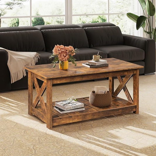 WLIVE Farmhouse Coffee Table for Living Room, 40.1" Rustic Center Table with X-Frame Support & Storage Shelf, 2-Tier Wood Coffee Tables for Bedroom & Balcony, Rustic Brown