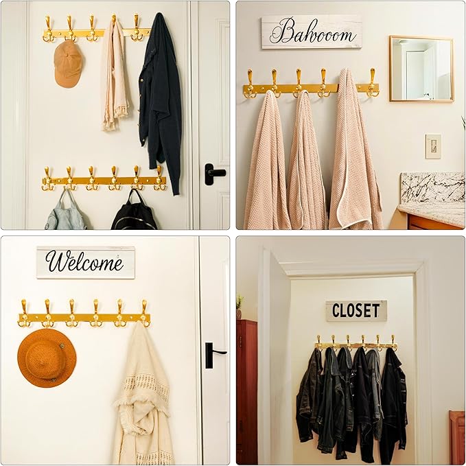 Dseap Coat Rack Wall Mount 2.0 Pro: 24” Long, 3X Tougher, Heavy Duty Stainless Steel Wall Coat Hanger with 6 Tri Hooks for Clothes Jackets Hats Entryway Closet, Gold, Pack of 2