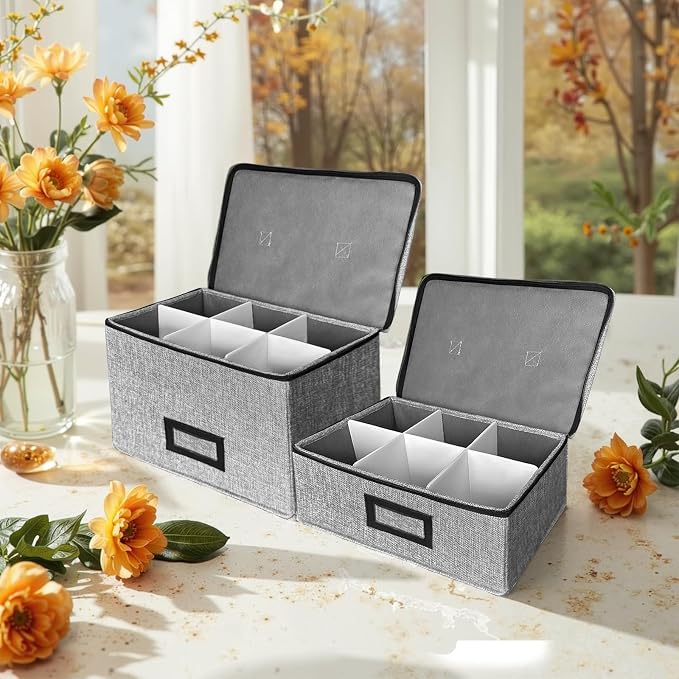 HURZMORO Stemware Storage Cases, Wine Glass Storage Box Containers for Glassware or Crystal, Holds 6 Red or White Glasses, Hard Top and Sides (Grey, Mug and Wine Glass Storage Box, 6 Compartments)