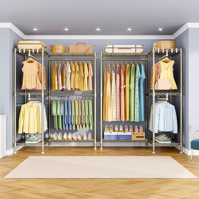 E15 Garment Rack L Shaped Clothes Rack for Corner,Freestanding Clothing Racks for Hanging Clothes,Heavy Duty Closet Organizer with 4 Hanging Rods & 8 S Hooks,43.4" W x 15.8" D x 78.4" H,Gold