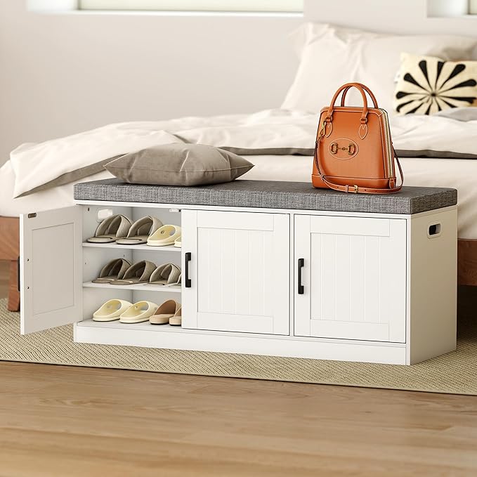 3-Tier Shoe Cabinet Storage with Adjustable Shelf Entryway Shoe Bench with Thickened Padded Seat Cushion Storage Bench with 3 Doors for Entry, Bedroom, Hallway (White Gray,46.3 * 13.8 in)