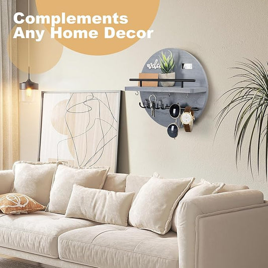 Key Holder for Wall, Key and Mail Holder Organizer with - Key Holder Wall Mount - Round Wooden Rustic Home Decor for Entryway, Mudroom, Hallway, Kitchen Office (Gray)
