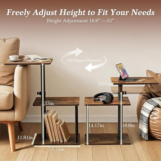 360° Swivel Side Table for Height Adjustable, C Shaped End Table for Couch with Storage, 3-Tier Night Stand with Open Shelf, Tv Tray for Small Spaces, Living Room, Bedroom, Rustic Brown