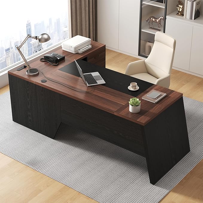 L-Shaped Executive Desk with Drawer, 78-Inch Large Home Office Desk with Cord Hold and Power Outlet, Modern Computer Table with Lateral File Cabinet,Open Shelf and PC Stand, Walnut Brown Black