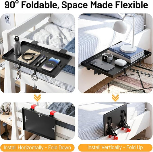 Housolution Foldable Bedside Shelf for Top Bunk & Loft Beds, Bunk Bed Shelf with Cable Hole, Heavy Duty Clip on Nightstand for College Dorm Rooms, Small Apartments, Bedrooms with Limited Space, Black