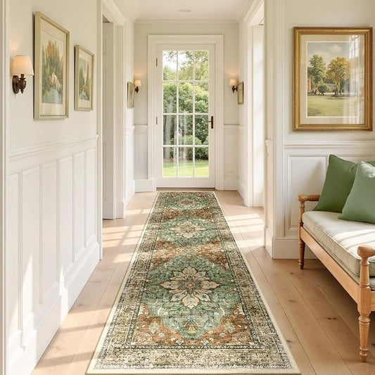 RELEANY Area Rugs Runner 2'x7' Washable Non-Slip, Floral Vintage Distress Medallion Carpet for Kitchen Hallway Bedroom Beside Laundry Room Bathroom, Terracotta Burnt Orange Green