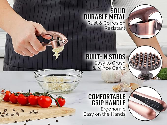 Zulay Kitchen Premium Garlic Press Set - Rust Proof Professional Garlic Mincer Tool - Easy-Squeeze, Easy-Clean with Soft, Ergonomic Handle - Silicone Garlic Peeler & Brush (Copper)