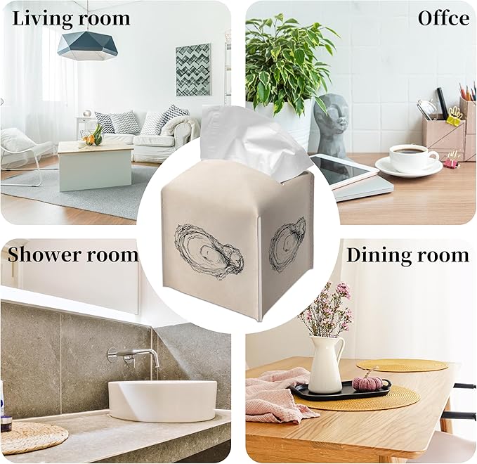 Grace Yonks Minimal Tissue Box Cover Square - Oyster Line Art Design 5.2" PU Leather Holder for Vanity, Desk, or Bathroom Counter - Cube Case for Facial Tissues. (112)