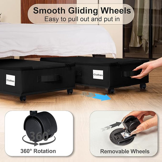 Vincona Under Bed Storage with Wheels, 2 Pack Under Bed Storage Containers with Label Holders for Clothes, Shoes and Blankets, Rolling Underbed Shoe Organizer with Cover, Black (23.6 x 15.7 x 7.28 in)
