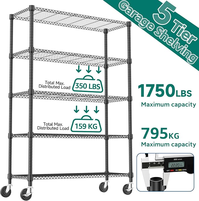 M MZG 1750LBS 47.2" W 5 Tiers Storage Shelves Metal Shelving Unit with Wheels Heavy Duty Garage Shelving Adjustable Wire Shelves for Pantry,Kitchen,Garage,Basement,Black 17.7" D x 47.2" W x 76.8" H