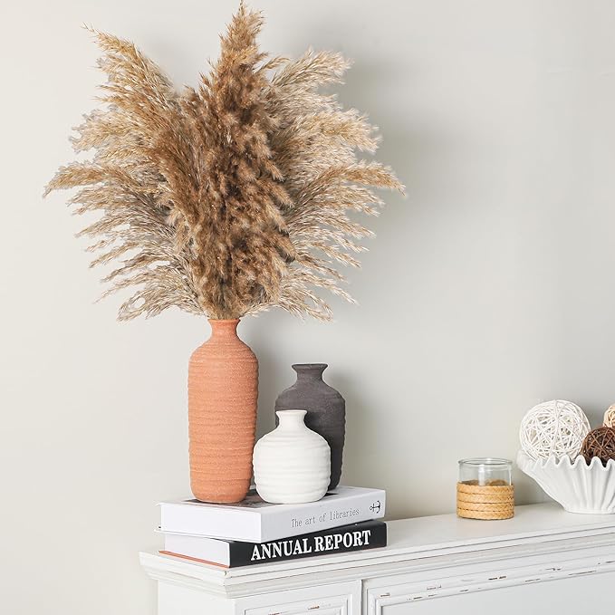 Dobbyby Ceramic Vase Set of 3 Neutral Decorative Vase for Farmhouse, Boho, or Rustic Home Decor Pottery Vases for Pampas Grass Living Room Bedroom Table Mantel Entryway Shelf (01-Brown)