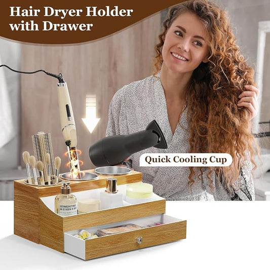 GFWARE Acrylic Hair Dryer Holder with Drawer, Bathroom Organizer Countertop Drawers with 3 Stainless Cups, Makeup Vanity Accessories, Hair Hot Tools Organizer, Toiletry, Wood