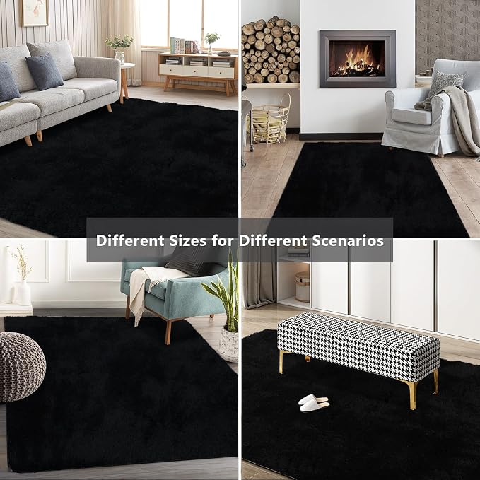 Shag Area Rugs for Bedroom Living Room,5X8 Ultra Soft Fluffy Area Rugs for Dorm,Indoor Carpet Plush Rugs for Living Room Home Decor, Black