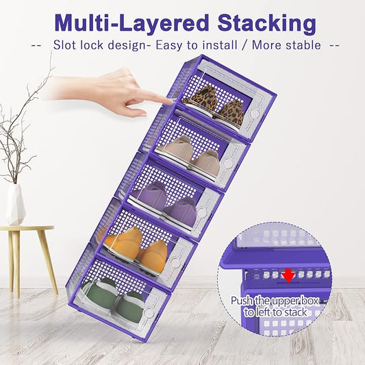 Kuject Shoe Organizers Storage Boxes for Closet, 12 Pack Clear Plastic Stackable Storage Bins with Lids, Under Bed Shoe Containers for Entryway, Drop Front, Fit up to Women's Size 10,Purple