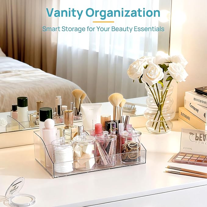 Vtopmart 5 PCS Bathroom Countertop Organizer, 1 Divided Tray with 4 Qtip Holder Jars, Restroom Clear Organizers for Toothbrush, Cotton Pads Balls, Floss, Bathroom Vanity Accessories Storage Set