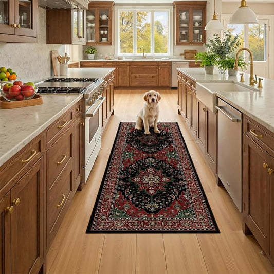 RELEANY Area Rugs Runner 2'x5' Washable Non-Slip, Floral Vintage Distress Medallion Carpet for Kitchen Hallway Bedroom Beside Laundry Room Bathroom, Red Black