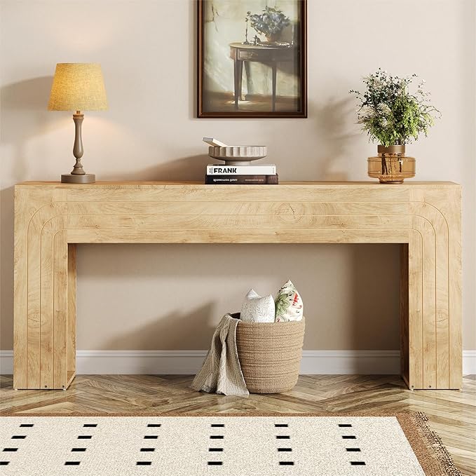 70.9-Inch Long Console Table, Farmhouse Entryway Table with Handcrafted Line Detailing, Wood Narrow Sofa Table for Living Room, Hallway, Foyer, and Behind Couch