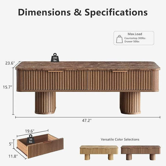 Win2win Fluted Coffee Table with Storage, Mid Century Modern Coffee Table with Faux Marble Top, Minimalist Rectangle Center Table with Sculptural Pedestal Legs & Drawers for Living Room/Office, Walnut