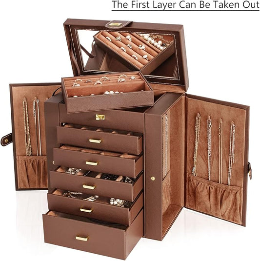 AKOZLIN 6-Tier Jewelry Box Organizer Functional 5 Drawers Leather Jewelry Storage Case for Women Girls Ring Necklace Earring Bracelet Holder Organizer with Mirror Extra Large Brown