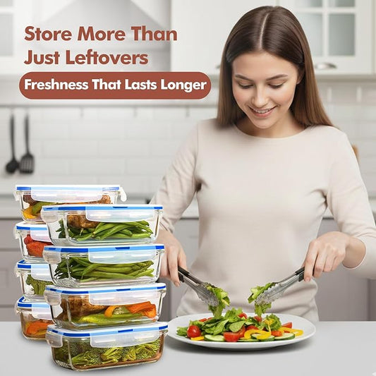 Razab 16 Pc (Set of 8) 30 Oz Glass Meal Prep Containers with Lids, Airtight Large Glass Food Storage Containers, Reusable Leak Proof BPA Free, Freezer to Oven and Dishwasher Safe