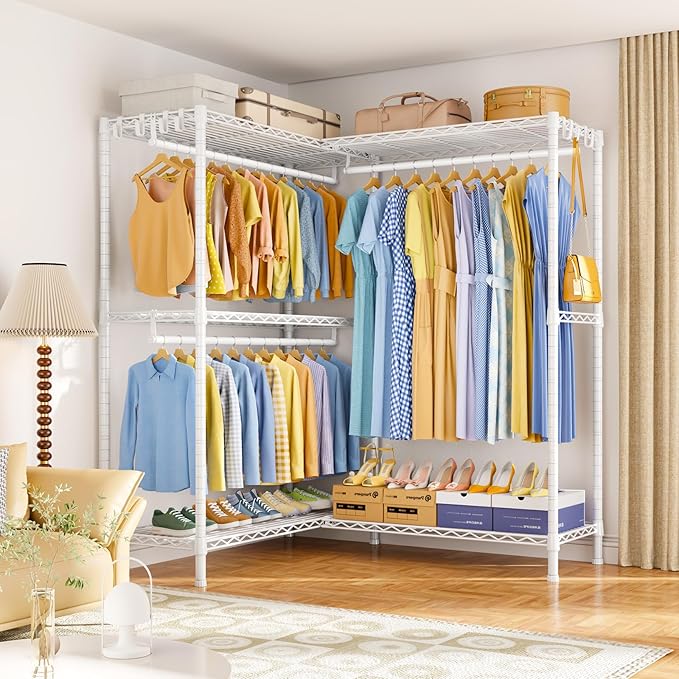E15 Pro Garment Rack L Shaped Clothes Rack for Corner,Freestanding Clothing Racks for Hanging Clothes,Heavy Duty Closet System with 4 Hanging Rods & 8 S Hooks,48.8"W x 15.8"D x 78.4"H,White