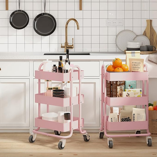 Metal Rolling Cart,3-Tier Pink Rolling Cart with Wheels,Metal Utility Cart with Wheels for Office,Home,Kitchen,Garden(13.4"x18.1"x31") Pink