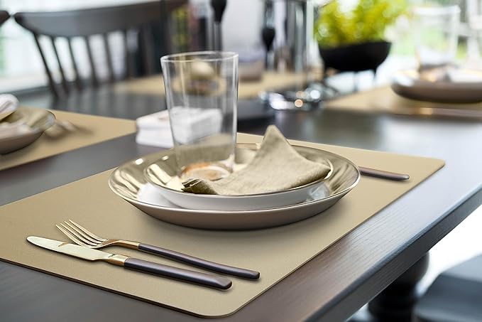 More Décor Faux Leather Placemats Set of 6 for Dining Table – Waterproof, Wipeable, Washable, Stain & Heat Resistant, Non-Slip Table Mats – 12 X 17 Inch, (Solid Beige 6)