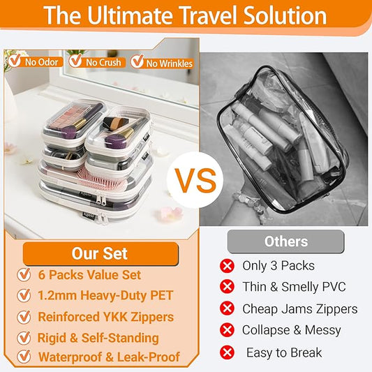 YQBRAO 6 Pack Clear Hard Shell Beauty Organizer (2M+4S), 1.2mm Crush-Proof Cosmetic Case, Reinforced YKK Zippers, Stadium Approved Security Bag for Skincare, Toiletries & Electronics, Multi-Size Set