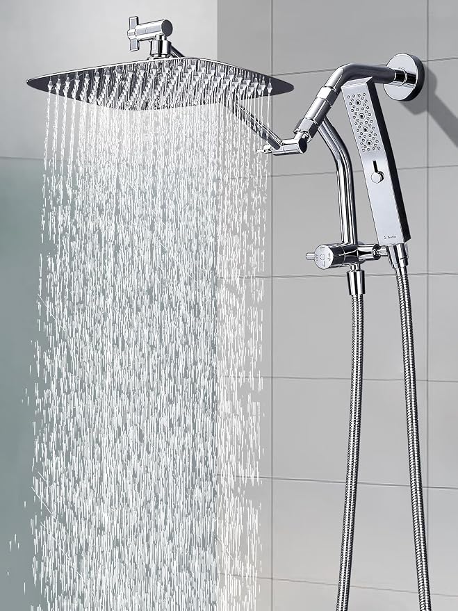 G-Promise All Metal 12 Inch Rain Shower Head with Massage Mode Handheld Spray Combo, 3-Way Diverter with Pause Setting, Full Body Coverage, Modern Bathroom Upgrade (Chrome)