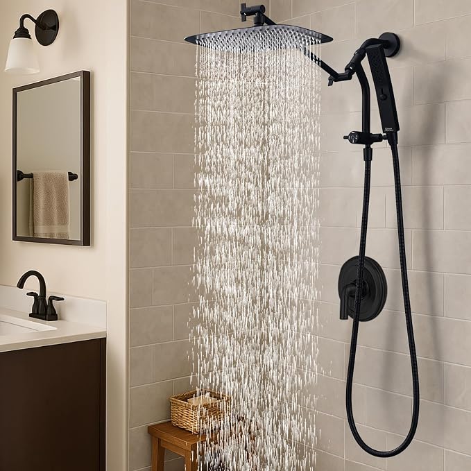 G-Promise All Metal 10 Inch Rain Shower Head with Massage Mode Handheld Spray Combo, 3-Way Diverter with Pause Setting, Full Body Coverage, Modern Bathroom Upgrade (Matte Black)