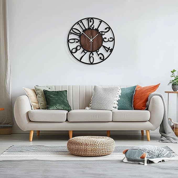 Maxstar Round Wall Clock for Living Room Decor Battery Operated Non Ticking Black Metal Wood Clocks for Home Living Room Garden Office Kitchen Decoration -16 inch