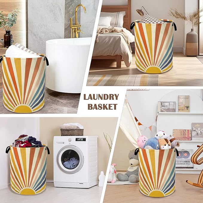 Colorful Boho Laundry Basket,Sunrise Rainbow Collapsible Laundry Baskets with Handles,Waterproof Oxford Cloth Storage Basket 16"x20" for Bathroom/Bedroom/Dormitories