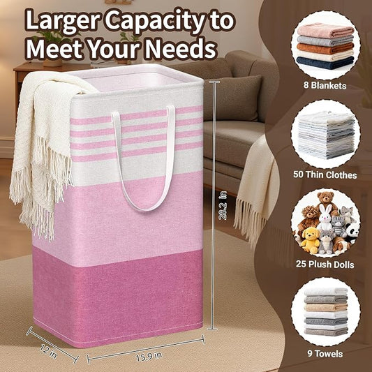 WOWBOX 2 Pack Laundry Baskets, Laundry Hampers, Freestanding Dirty Clothes Hampers with Reinforced Handles & Cross Stitch & Waterproof Coating, for Laundry Bedroom Bathroom Dorm,88L Pink