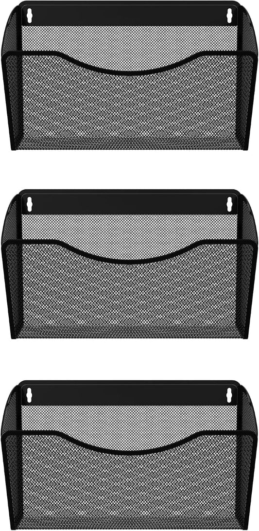 EasyPAG Wall File Organizer 3 Pack, Hanging File Organizer Wall Mount, Metal Mesh Folder Holder for Letter/A4 Papers, Mail Sorter for Office, Classroom, Home, Black