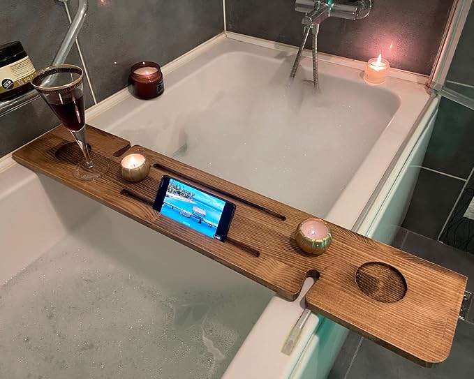 Handmade Wooden Bathtub Tray - 3 Different Size Options - Rustic Structure - Water Insulator - Bath Tray Caddy with Wine Glass Holder (36", BLACK BROWN)