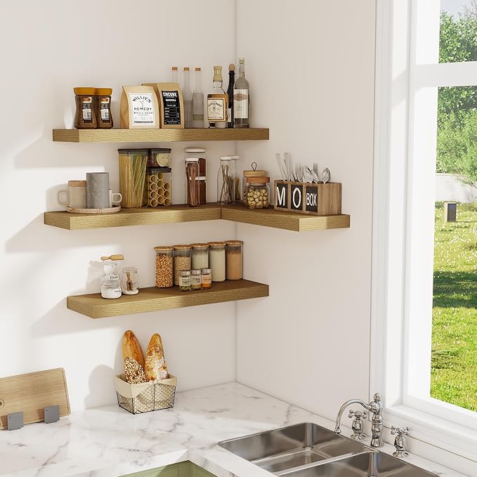 Floating Shelves for Wall, 24 Inch Floating Shelves Set of 2, Wall Mounted Rustic Wood Shelf for Bathroom, Living Room, Bedroom and Kitchen, Hanging Shelf for Storage, Books, Home Decor, Oak