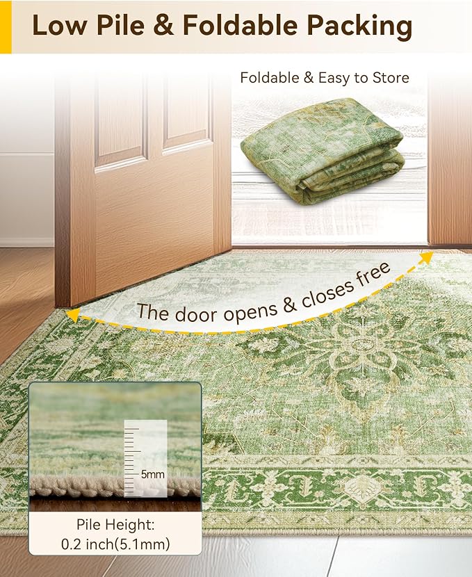RELEANY Area Rugs Runner 3'x10' Washable Non-Slip, Floral Vintage Distress Medallion Carpet for Kitchen Hallway Bedroom Beside Laundry Room Bathroom, Sage Green Yellow