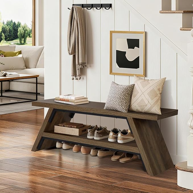 2-Tier Shoe Bench,Solid Wood Shoe Storage Bench,Modern Narrow Bench for Entryway, Kitchen, Bedroom, Dining(Brown)