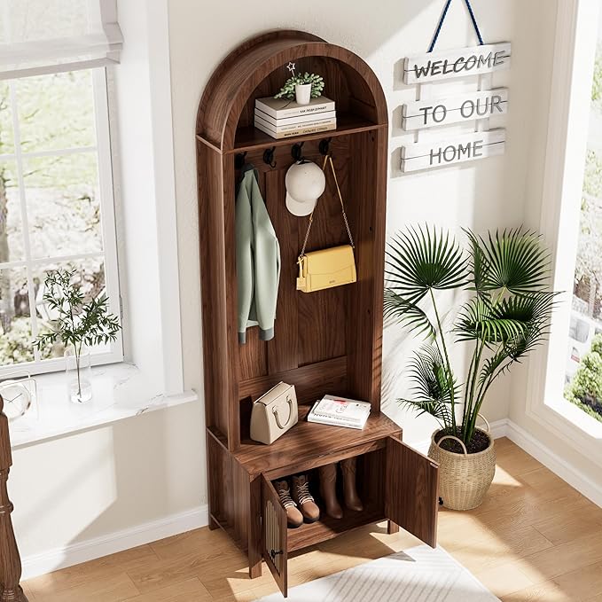 Hall Tree with Bench and Shoe Storage, Entryway Storage Bench with Coat Rack, 70.9"Arch Coat Rack with 4 Hooks and 2 Fluted Doors, Farmhouse Style Furniture Organizer for Hallway (Walnut, 23.7"W)